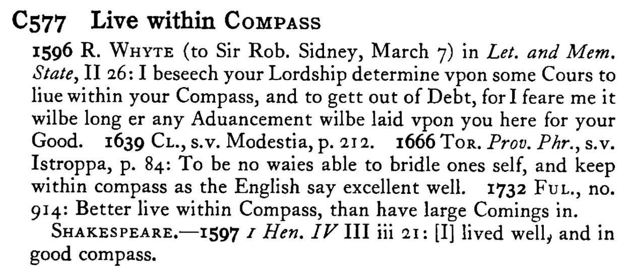 Live within COMPASS - a scanned entry from Tilley's 1950 Dictionary of Proverbs.