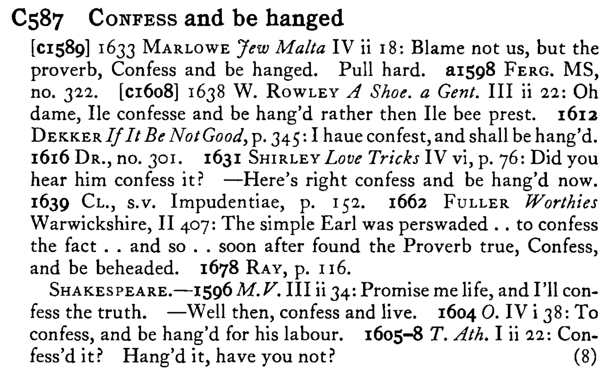 CONFESS and be hanged - a scanned entry from Tilley's 1950 Dictionary of Proverbs.
