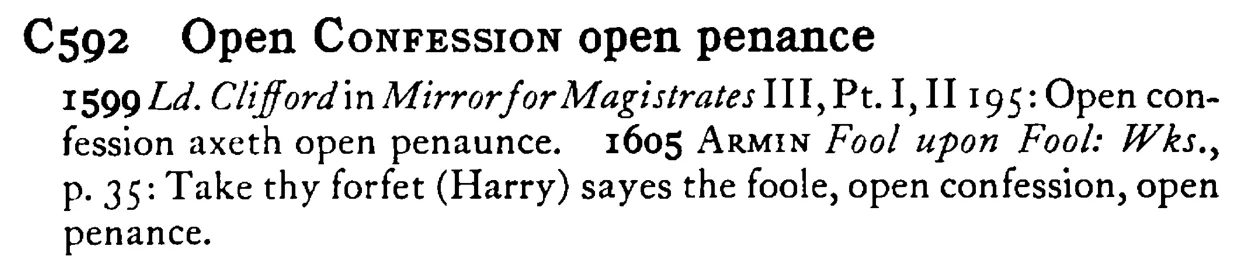 Open CONFESSION open penance - a scanned entry from Tilley's 1950 Dictionary of Proverbs.