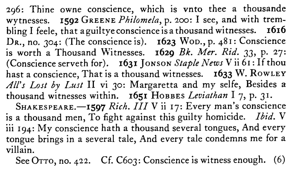 CONSCIENCE is a thousand witnesses - a scanned entry from Tilley's 1950 Dictionary of Proverbs. (continuation)