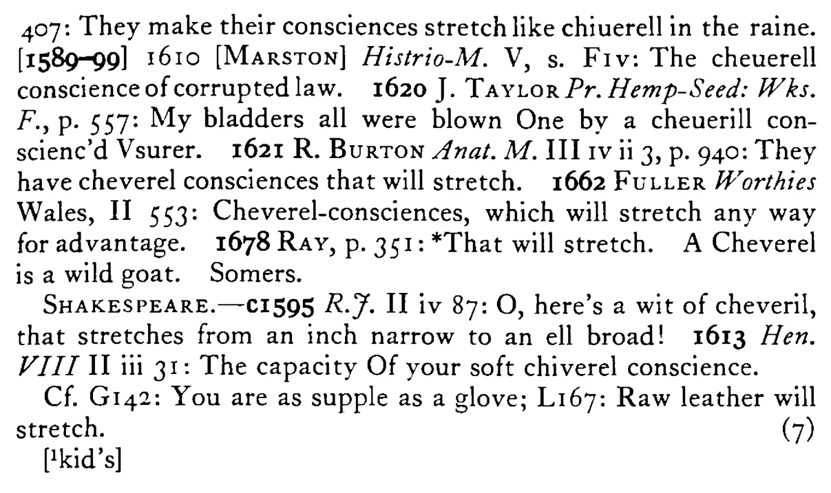 He has a CONSCIENCE like a cheverel's¹ skin - a scanned entry from Tilley's 1950 Dictionary of Proverbs. (continuation)