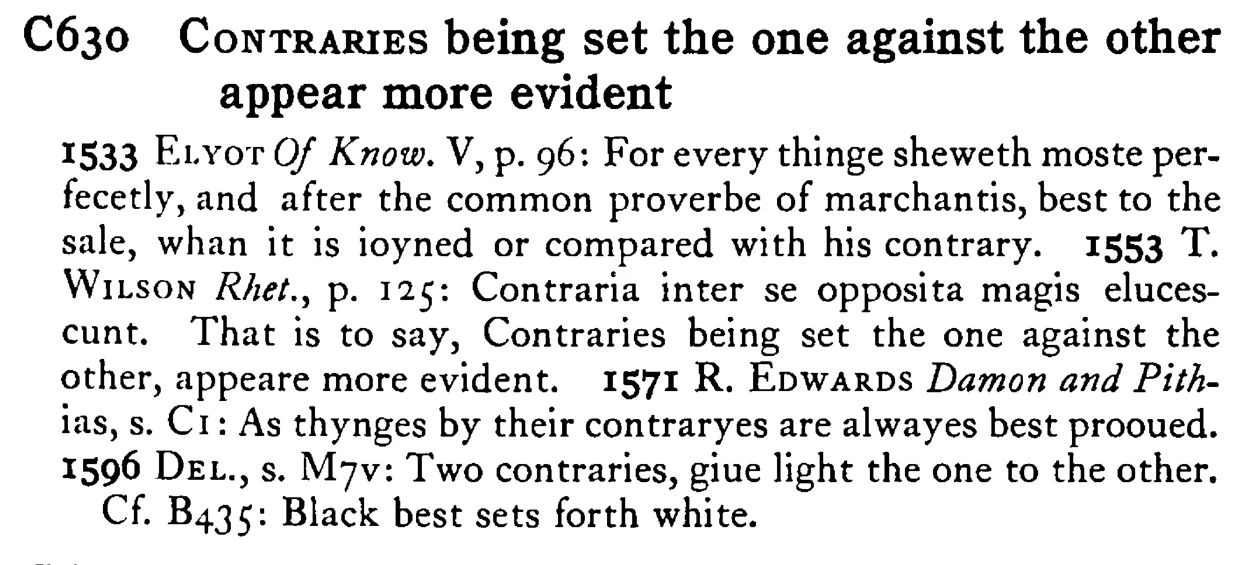 CONTRARIES being set the one against the other appear more evident - a scanned entry from Tilley's 1950 Dictionary of Proverbs.