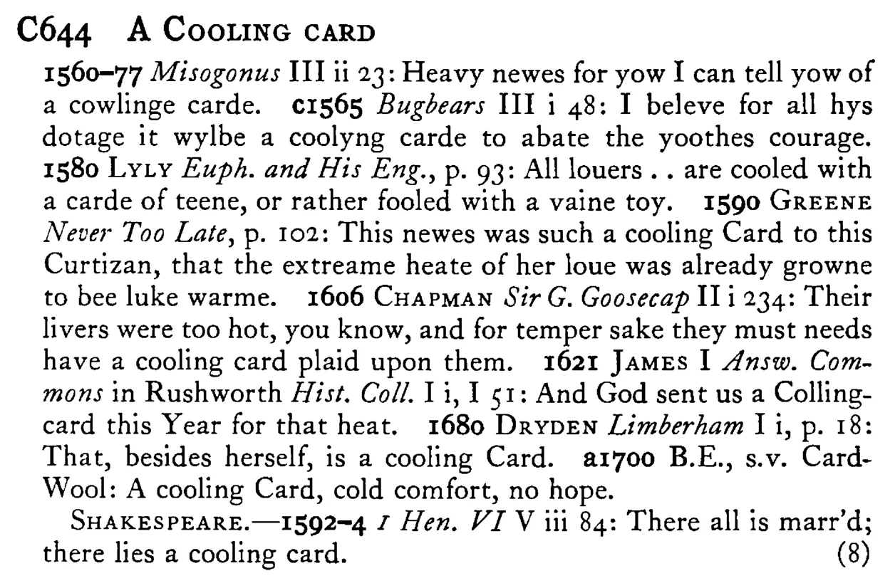 A Cooling CARD - a scanned entry from Tilley's 1950 Dictionary of Proverbs.