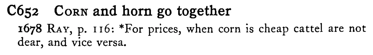 CORN and horn go together - a scanned entry from Tilley's 1950 Dictionary of Proverbs.