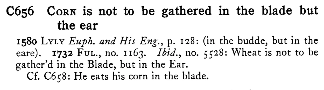 CORN is not to be gathered in the blade but the ear - a scanned entry from Tilley's 1950 Dictionary of Proverbs.