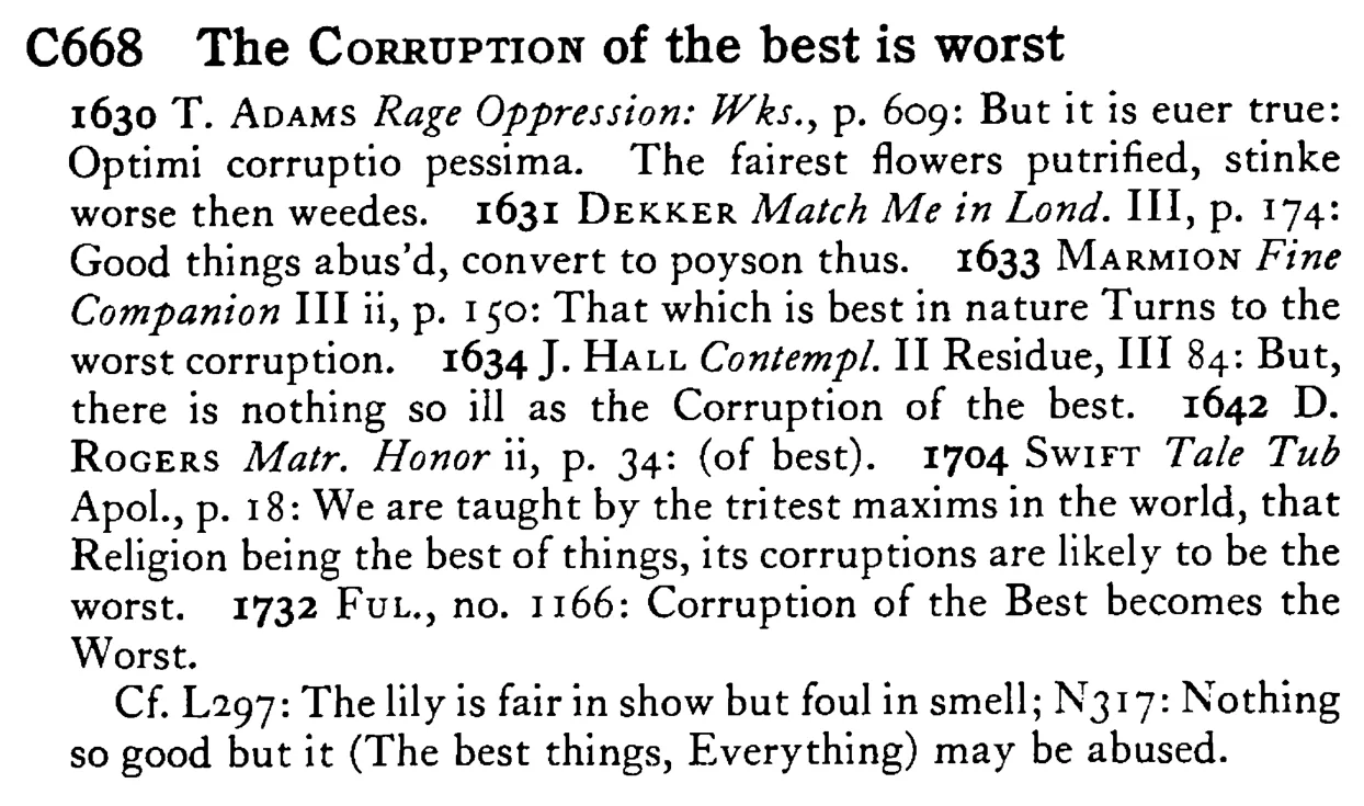 The CORRUPTION of the best is worst - a scanned entry from Tilley's 1950 Dictionary of Proverbs.