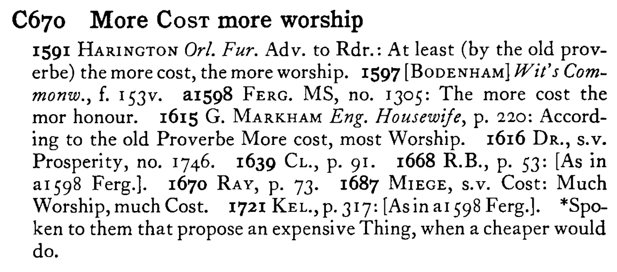 More COST more worship - a scanned entry from Tilley's 1950 Dictionary of Proverbs.