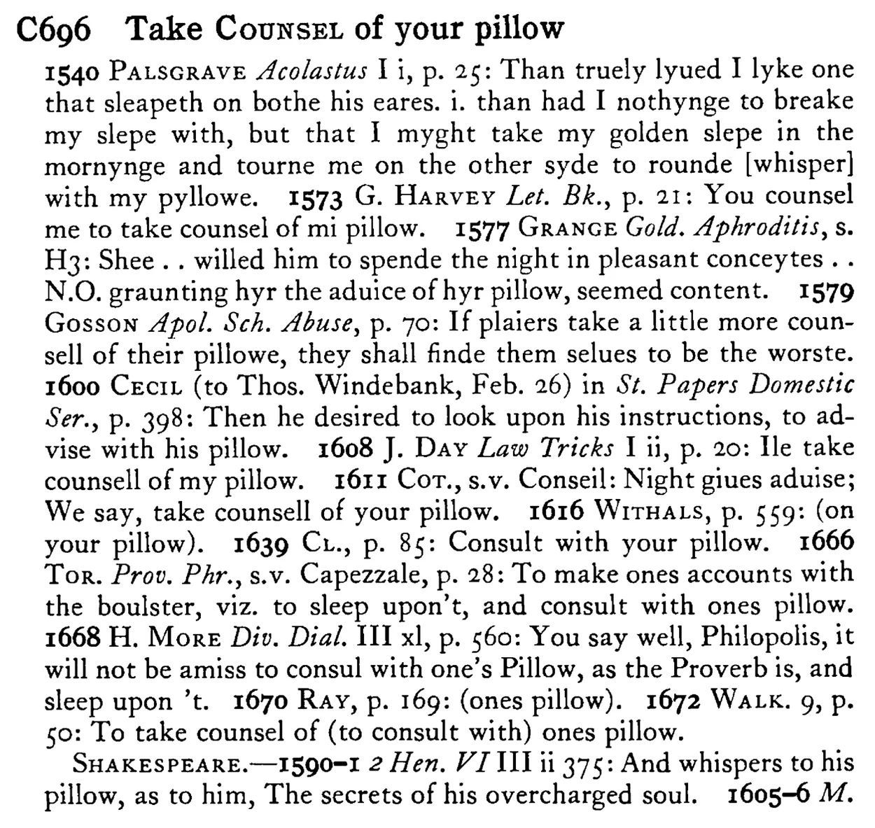 Take COUNSEL of your pillow - a scanned entry from Tilley's 1950 Dictionary of Proverbs.