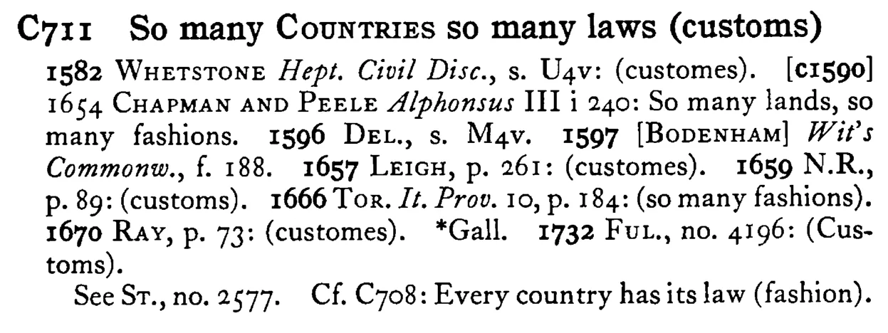 So many COUNTRIES so many laws (customs) - a scanned entry from Tilley's 1950 Dictionary of Proverbs.