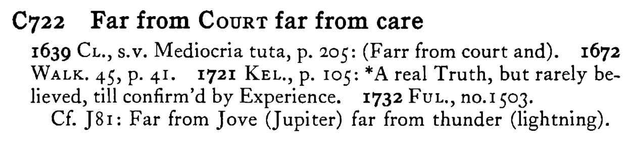 Far from COURT far from care - a scanned entry from Tilley's 1950 Dictionary of Proverbs.