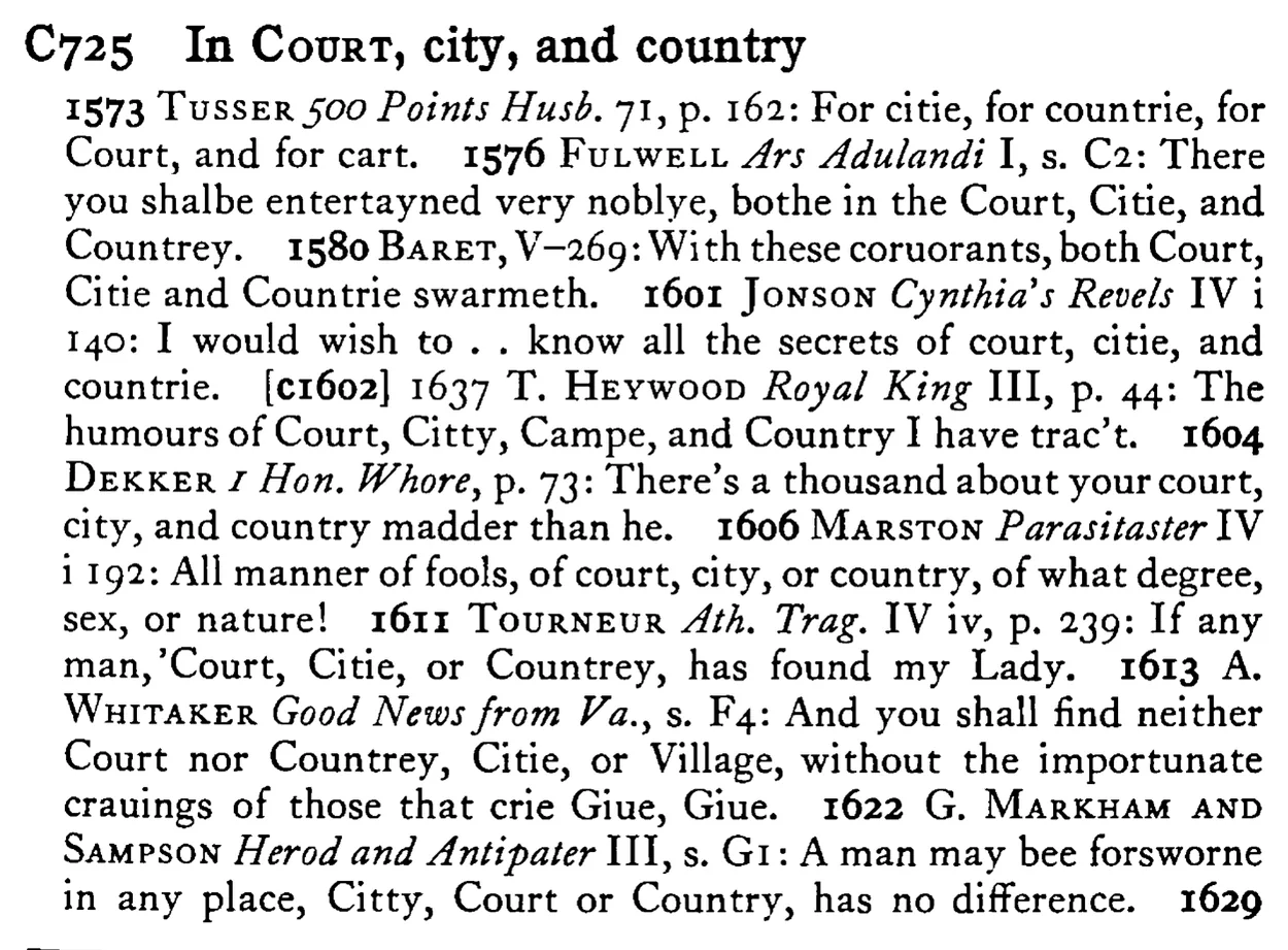 In COURT, city, and country - a scanned entry from Tilley's 1950 Dictionary of Proverbs.