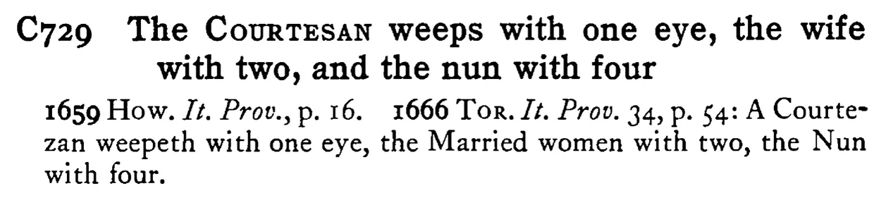 The COURTESAN weeps with one eye, the wife with two, and the nun with four - a scanned entry from Tilley's 1950 Dictionary of Proverbs.