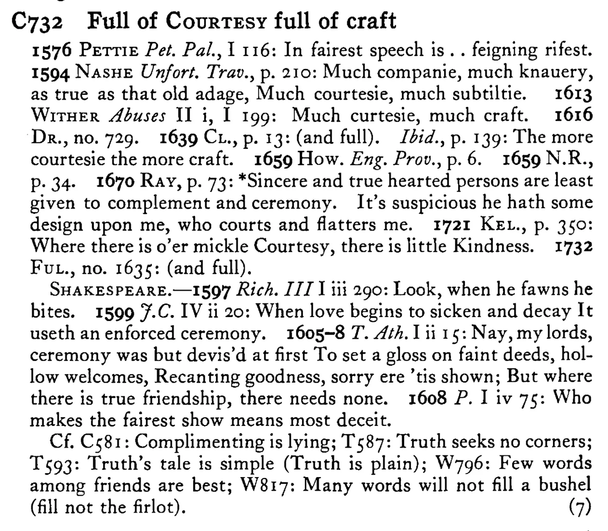 Full of COURTESY full of craft - a scanned entry from Tilley's 1950 Dictionary of Proverbs.