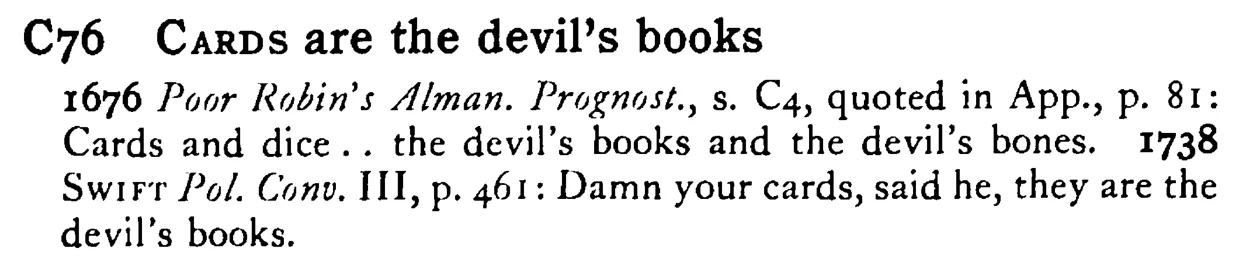 CARDS are the devil's books - a scanned entry from Tilley's 1950 Dictionary of Proverbs.