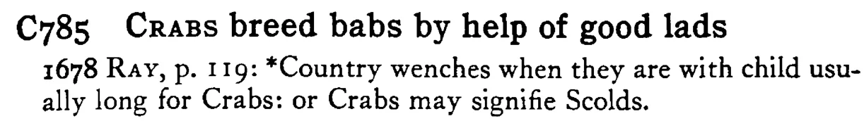 CRABS breed babs by help of good lads - a scanned entry from Tilley's 1950 Dictionary of Proverbs.
