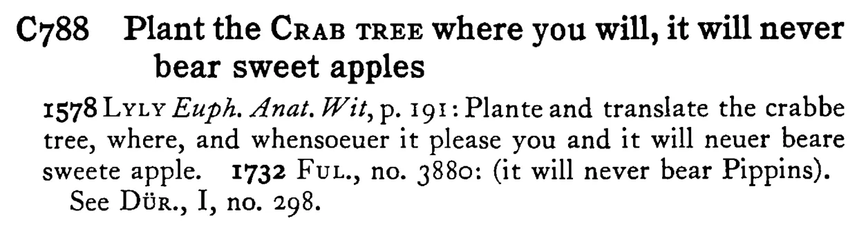 Plant the CRAB TREE where you will, it will never bear sweet apples - a scanned entry from Tilley's 1950 Dictionary of Proverbs.