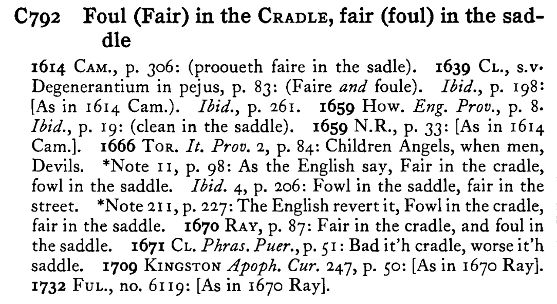 Foul (Fair) in the CRADLE, fair (foul) in the saddle - a scanned entry from Tilley's 1950 Dictionary of Proverbs.