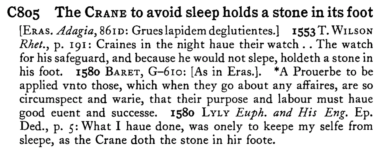 The CRANE to avoid sleep holds a stone in its foot - a scanned entry from Tilley's 1950 Dictionary of Proverbs.