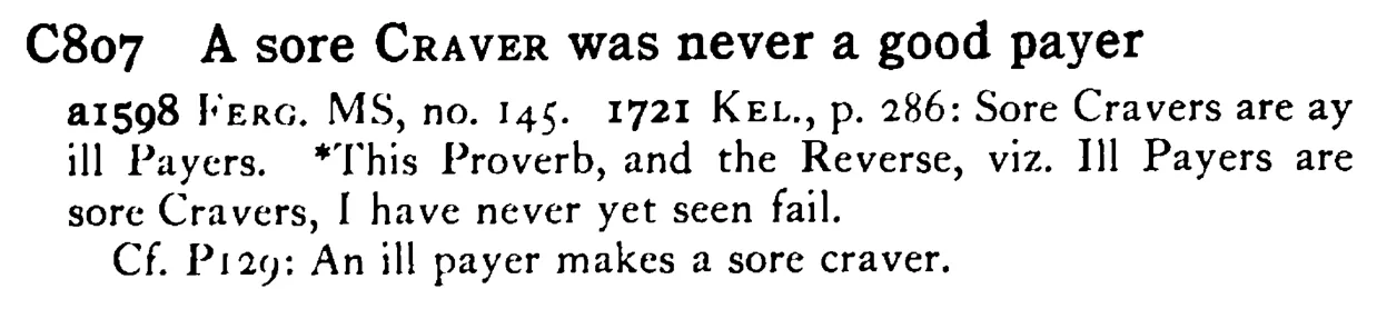 A sore CRAVER was never a good payer - a scanned entry from Tilley's 1950 Dictionary of Proverbs.