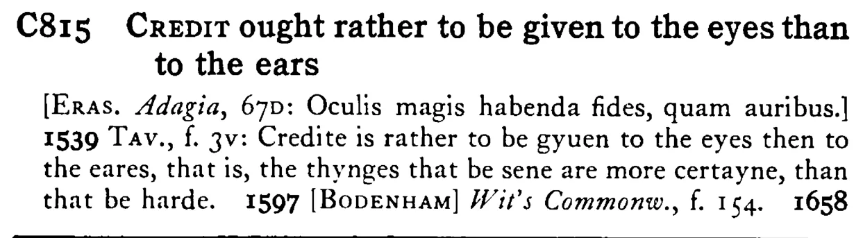 CREDIT ought rather to be given to the eyes than to the ears - a scanned entry from Tilley's 1950 Dictionary of Proverbs.