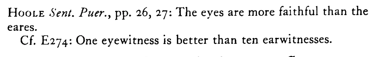 CREDIT ought rather to be given to the eyes than to the ears - a scanned entry from Tilley's 1950 Dictionary of Proverbs. (continuation)