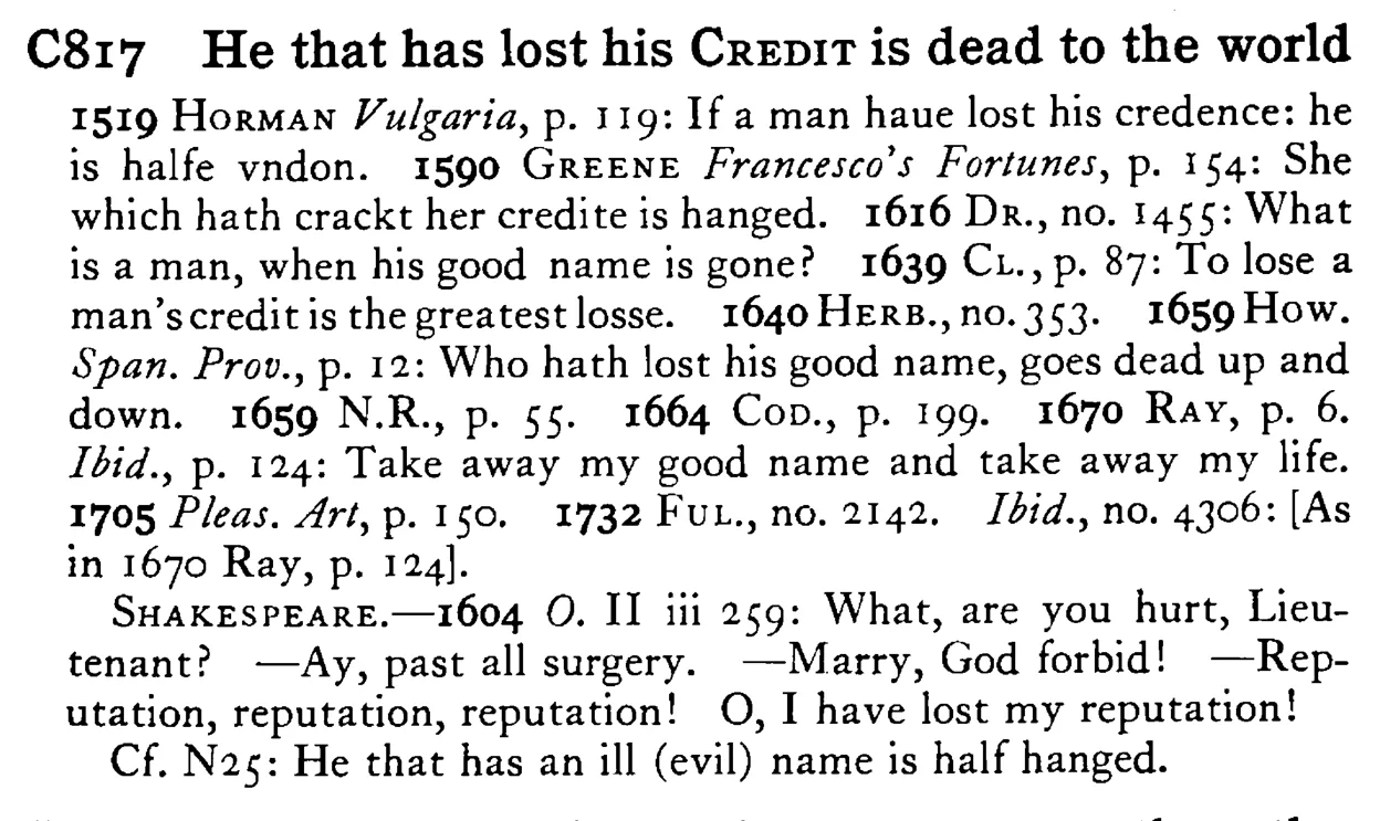 He that has lost his CREDIT is dead to the world - a scanned entry from Tilley's 1950 Dictionary of Proverbs.