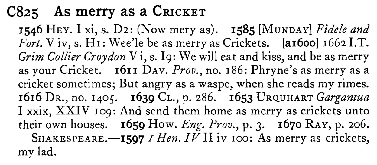 As merry as a CRICKET - a scanned entry from Tilley's 1950 Dictionary of Proverbs.