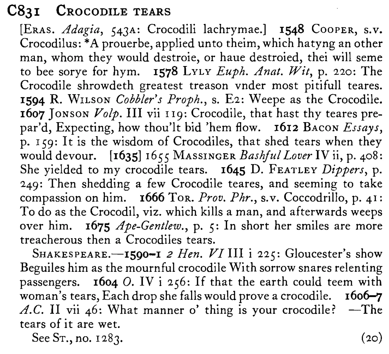 CROCODILE TEARS - a scanned entry from Tilley's 1950 Dictionary of Proverbs.