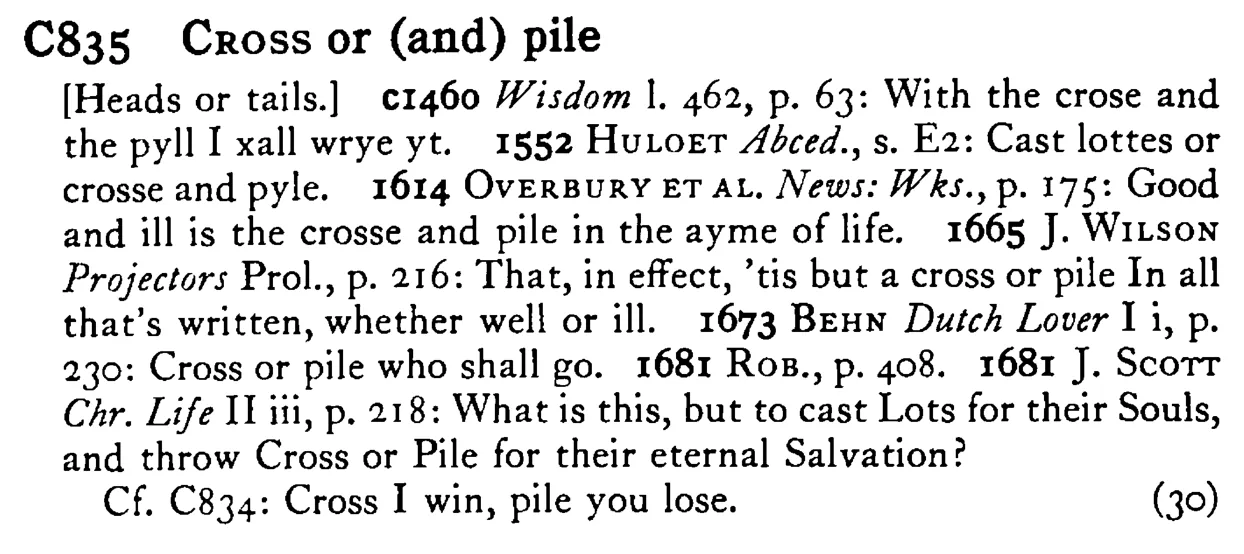 CROSS or (and) pile - a scanned entry from Tilley's 1950 Dictionary of Proverbs.