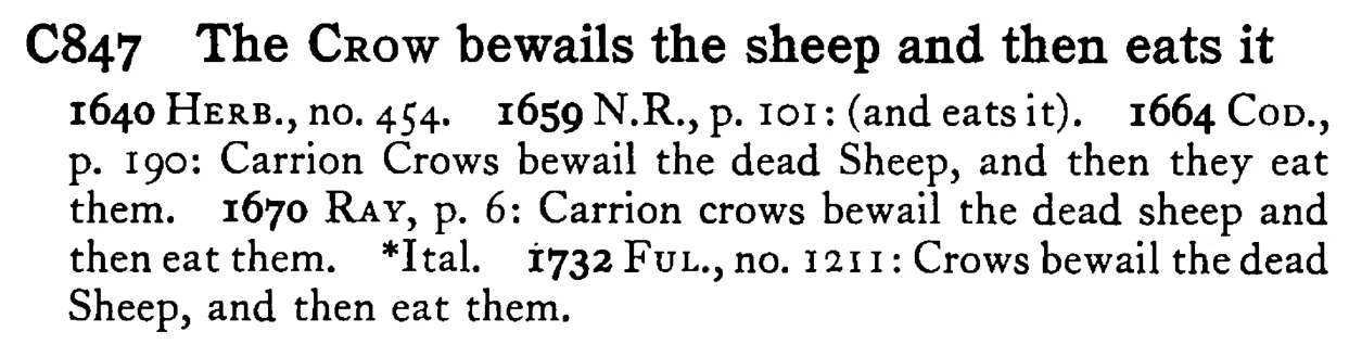 The CROW bewails the sheep and then eats it - a scanned entry from Tilley's 1950 Dictionary of Proverbs.