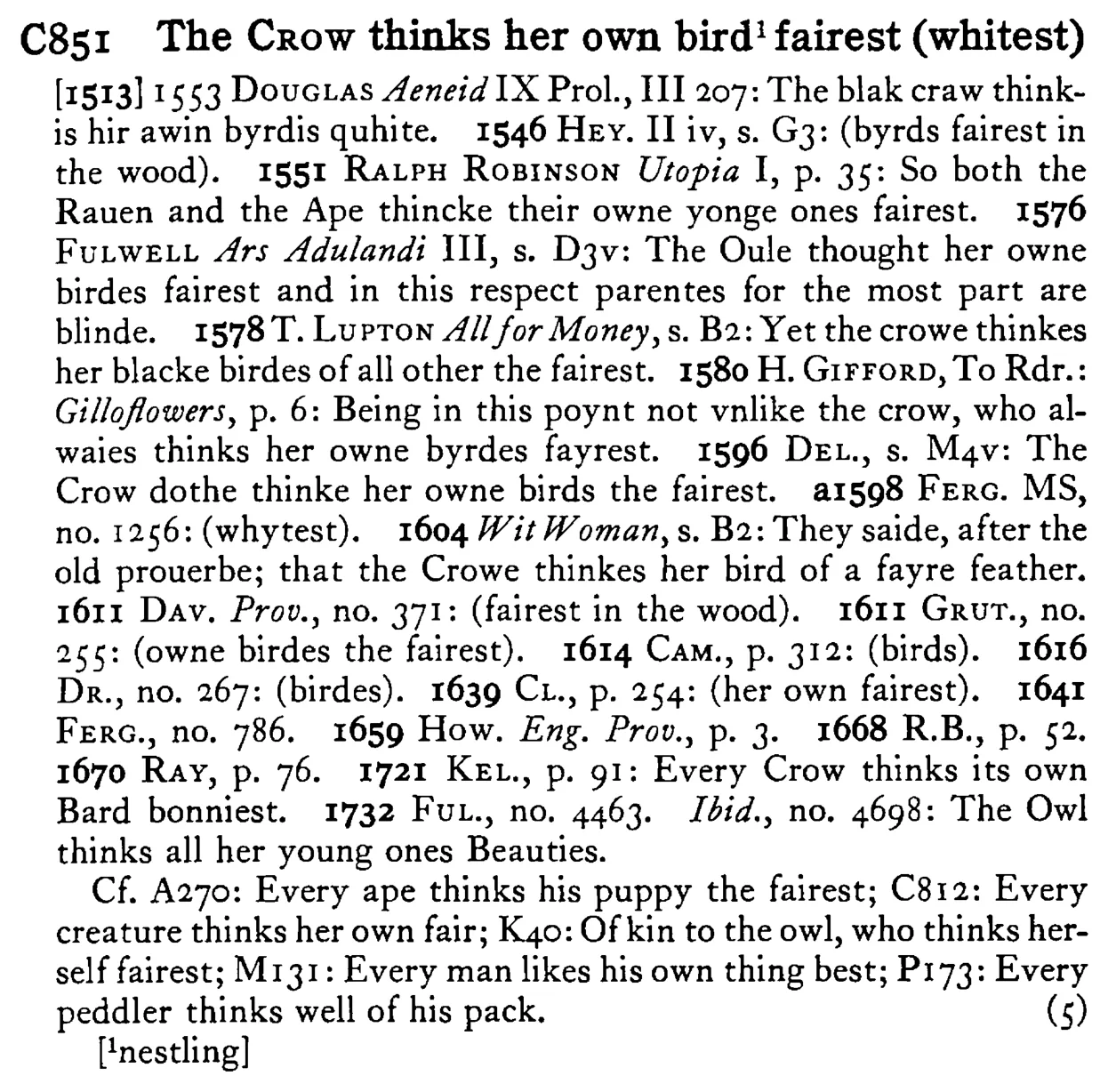 The CROW thinks her own bird¹ fairest (whitest) - a scanned entry from Tilley's 1950 Dictionary of Proverbs.