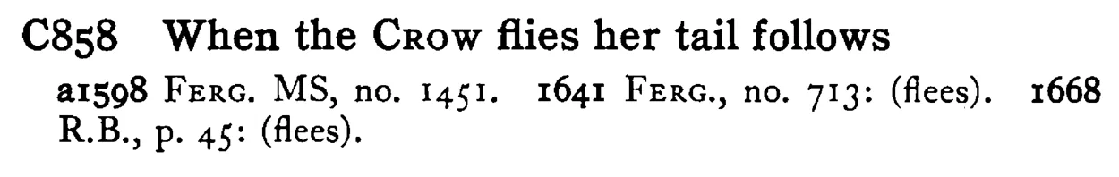 When the CROW flies her tail follows - a scanned entry from Tilley's 1950 Dictionary of Proverbs.