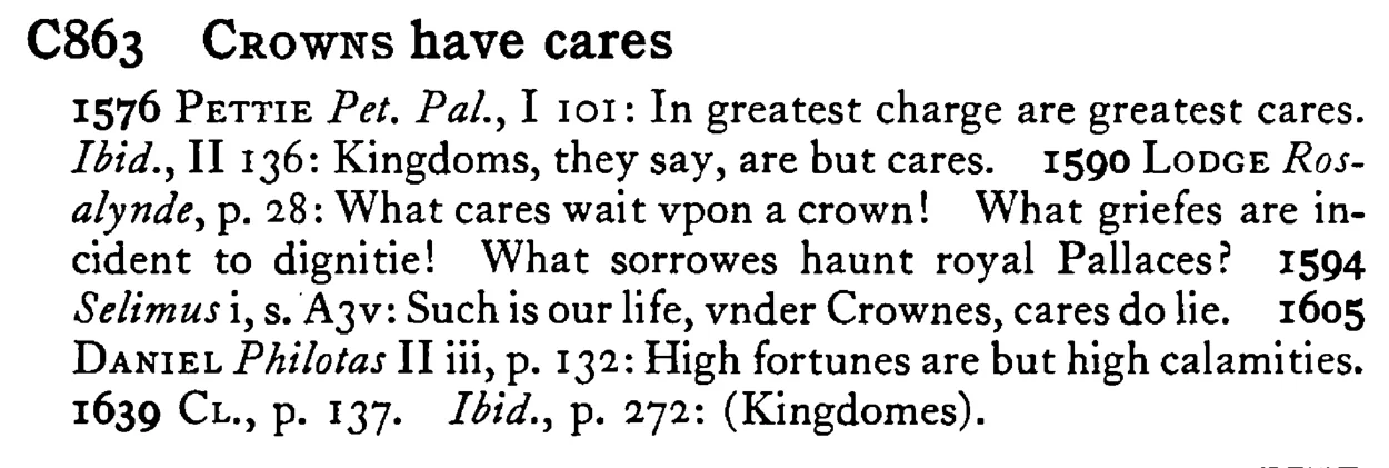 CROWNS have cares - a scanned entry from Tilley's 1950 Dictionary of Proverbs.
