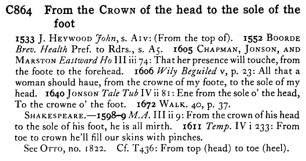 From the CROWN of the head to the sole of the foot - a scanned entry from Tilley's 1950 Dictionary of Proverbs.