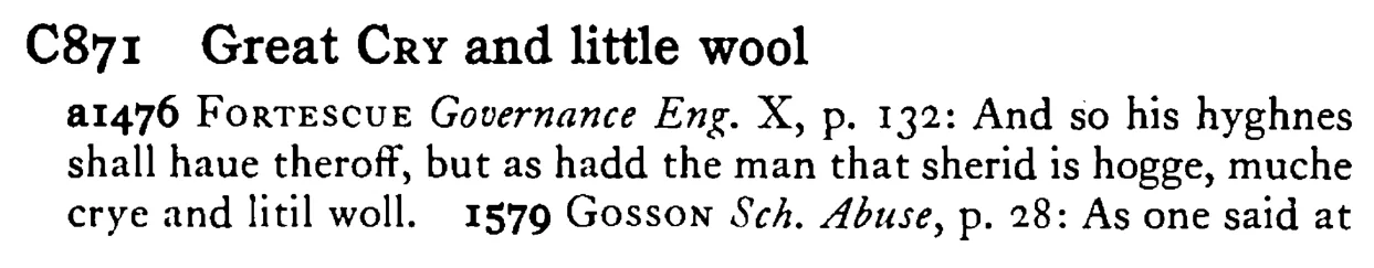 Great CRY and little wool - a scanned entry from Tilley's 1950 Dictionary of Proverbs.