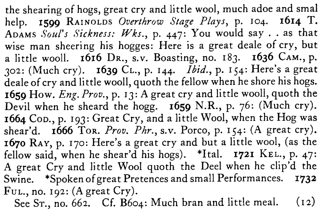 Great CRY and little wool - a scanned entry from Tilley's 1950 Dictionary of Proverbs. (continuation)