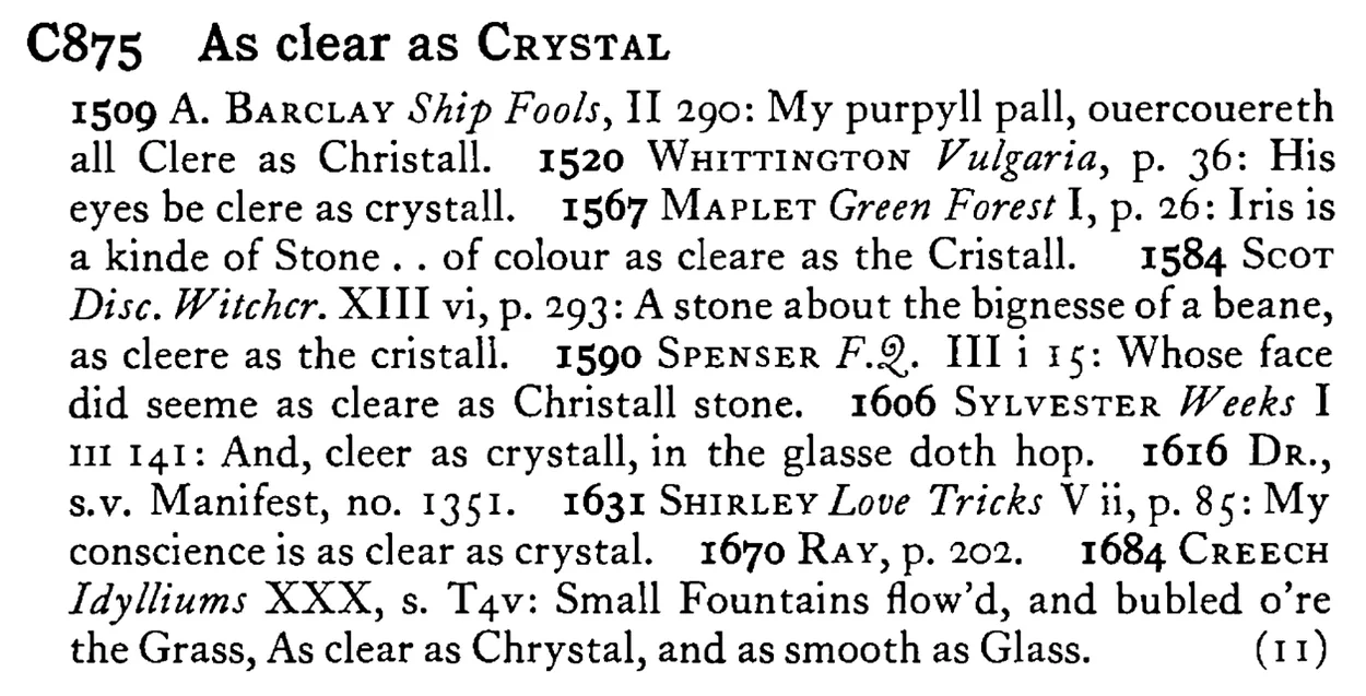 As clear as CRYSTAL - a scanned entry from Tilley's 1950 Dictionary of Proverbs.