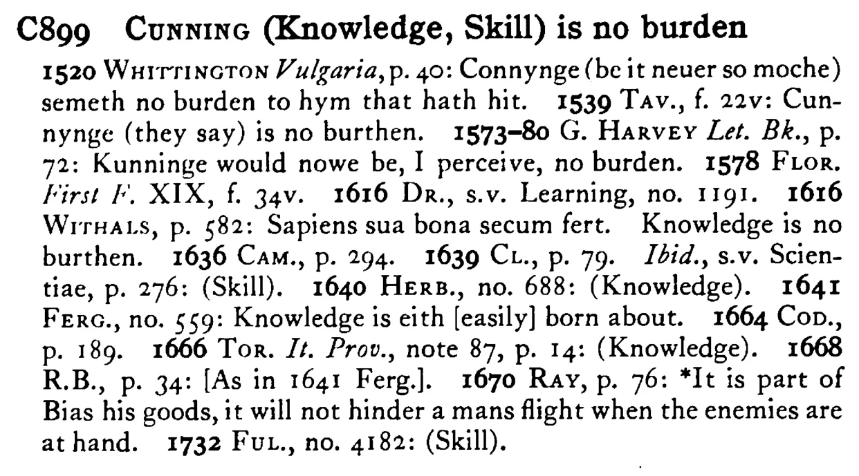 CUNNING (Knowledge, Skill) is no burden - a scanned entry from Tilley's 1950 Dictionary of Proverbs.