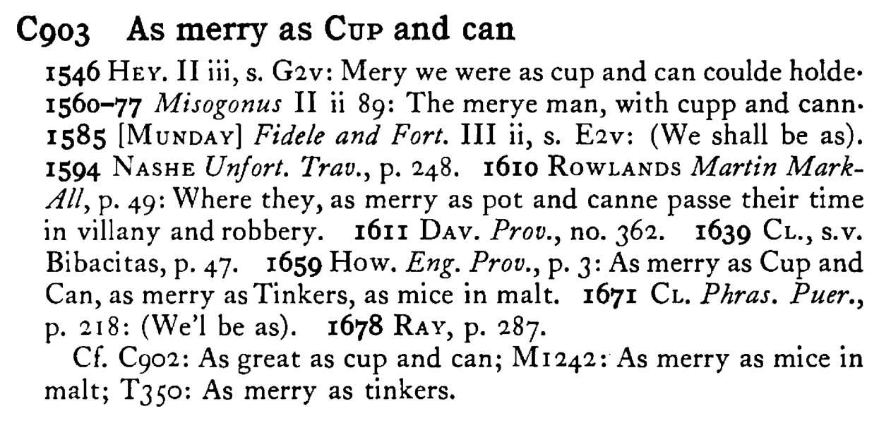 As merry as CUP and can - a scanned entry from Tilley's 1950 Dictionary of Proverbs.