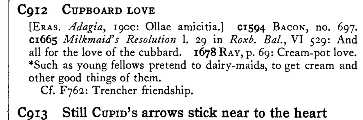 CUPBOARD LOVE - a scanned entry from Tilley's 1950 Dictionary of Proverbs.