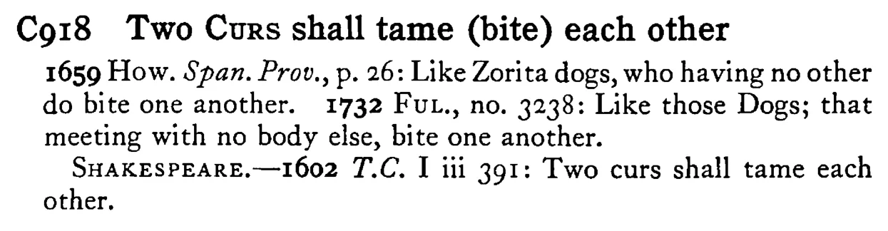 Two CURS shall tame (bite) each other - a scanned entry from Tilley's 1950 Dictionary of Proverbs.