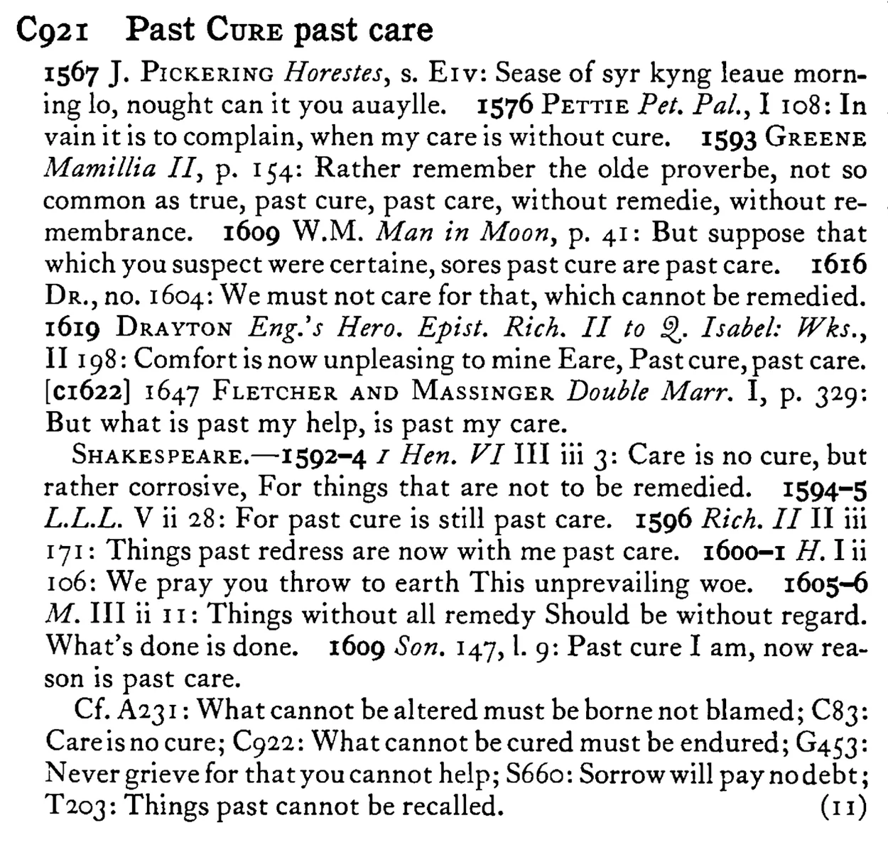 Past CURE past care - a scanned entry from Tilley's 1950 Dictionary of Proverbs.