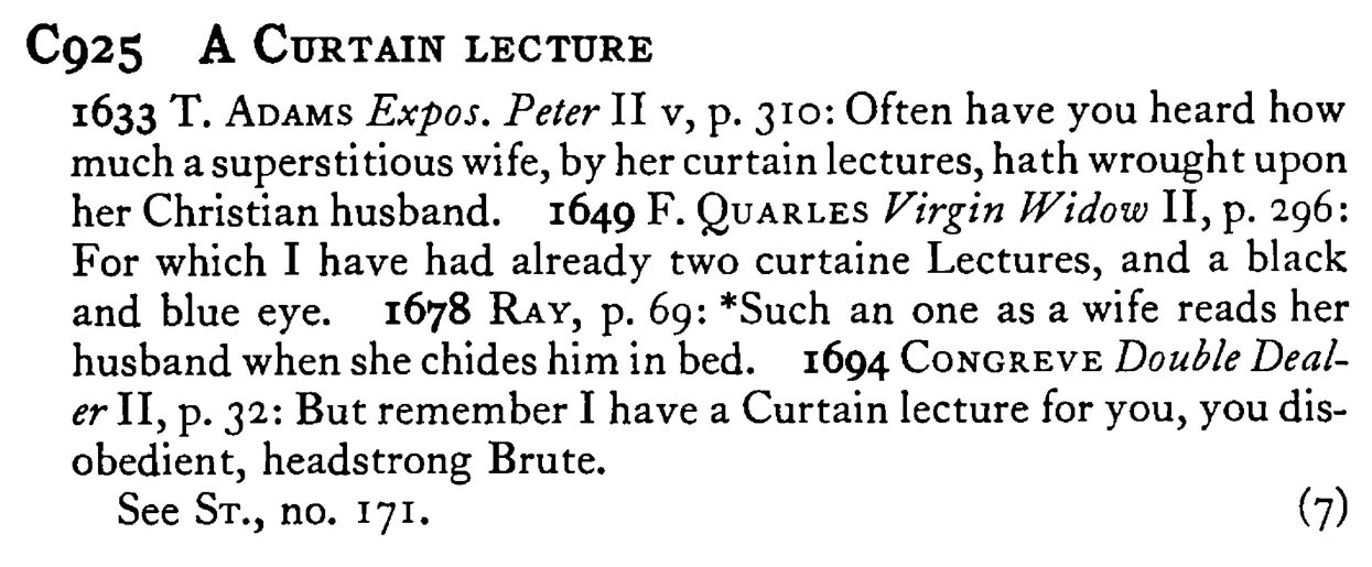 A CURTAIN LECTURE - a scanned entry from Tilley's 1950 Dictionary of Proverbs.