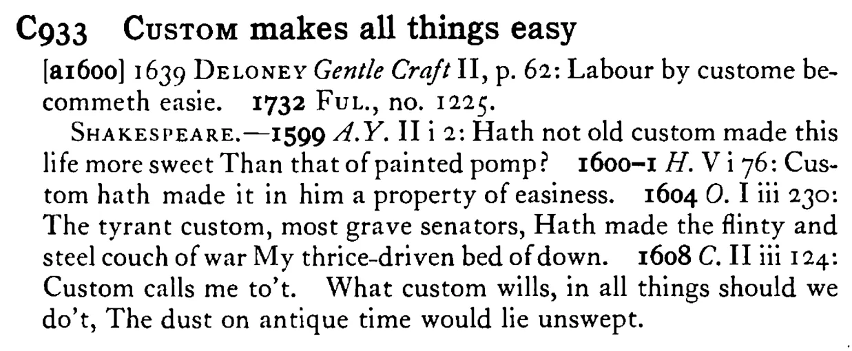 CUSTOM makes all things easy - a scanned entry from Tilley's 1950 Dictionary of Proverbs.