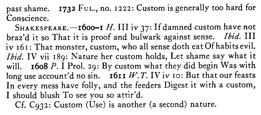 CUSTOM makes sin no sin - a scanned entry from Tilley's 1950 Dictionary of Proverbs. (continuation)