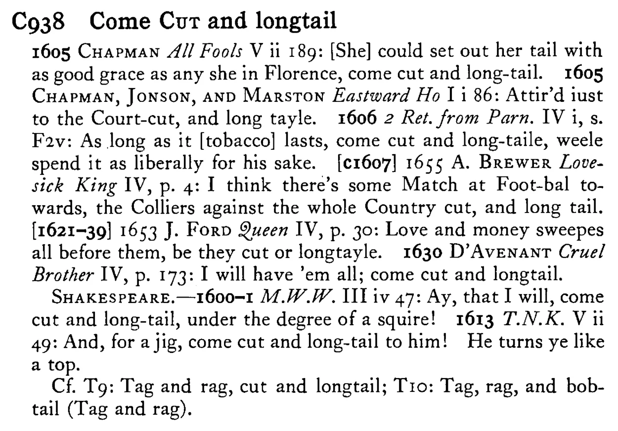 Come CUT and longtail - a scanned entry from Tilley's 1950 Dictionary of Proverbs.