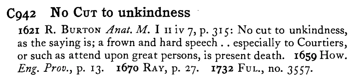 No CUT to unkindness - a scanned entry from Tilley's 1950 Dictionary of Proverbs.
