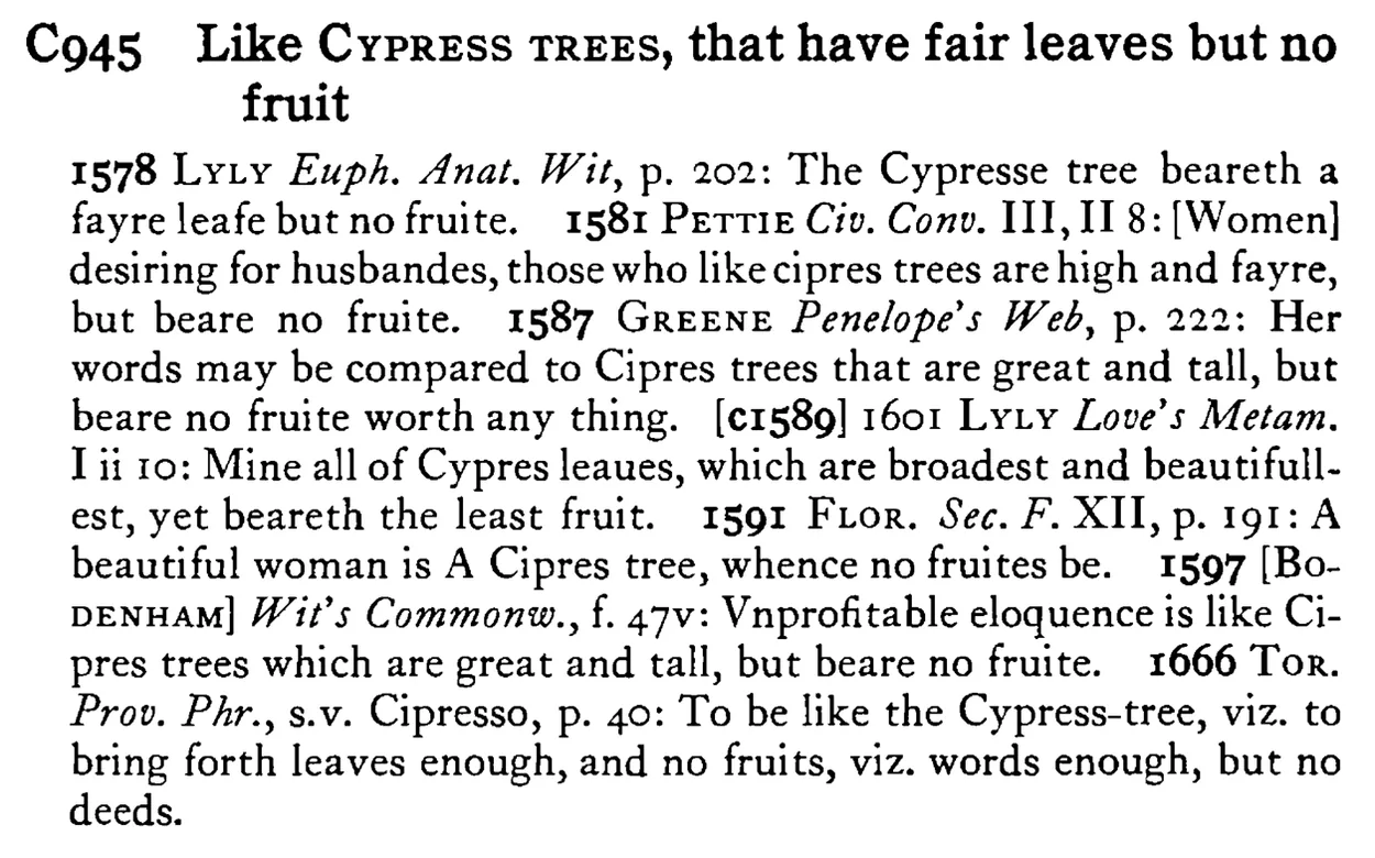 Like CYPRESS TREES, that have fair leaves but no fruit - a scanned entry from Tilley's 1950 Dictionary of Proverbs.