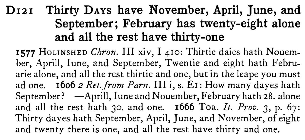 Thirty DAYS have November, April, June, and September; February has twenty-eight alone and all the rest have thirty-one - a scanned entry from Tilley's 1950 Dictionary of Proverbs.