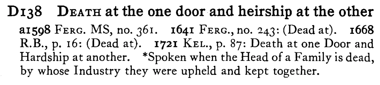 DEATH at the one door and heirship at the other - a scanned entry from Tilley's 1950 Dictionary of Proverbs.